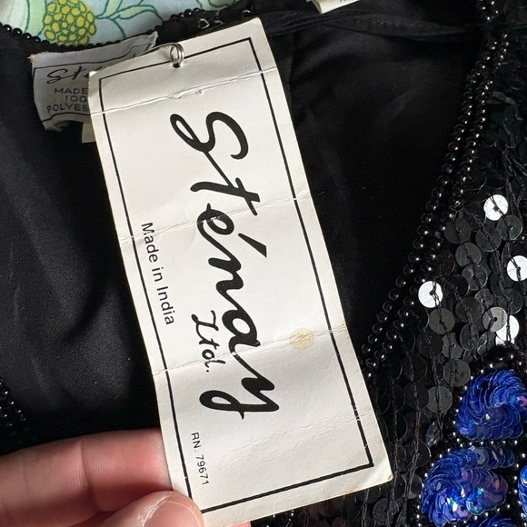 Vtg Stenay Black Multi Color Floral Silk Beaded Sequin Evening Blouse Top Size S - Picture 5 of 12